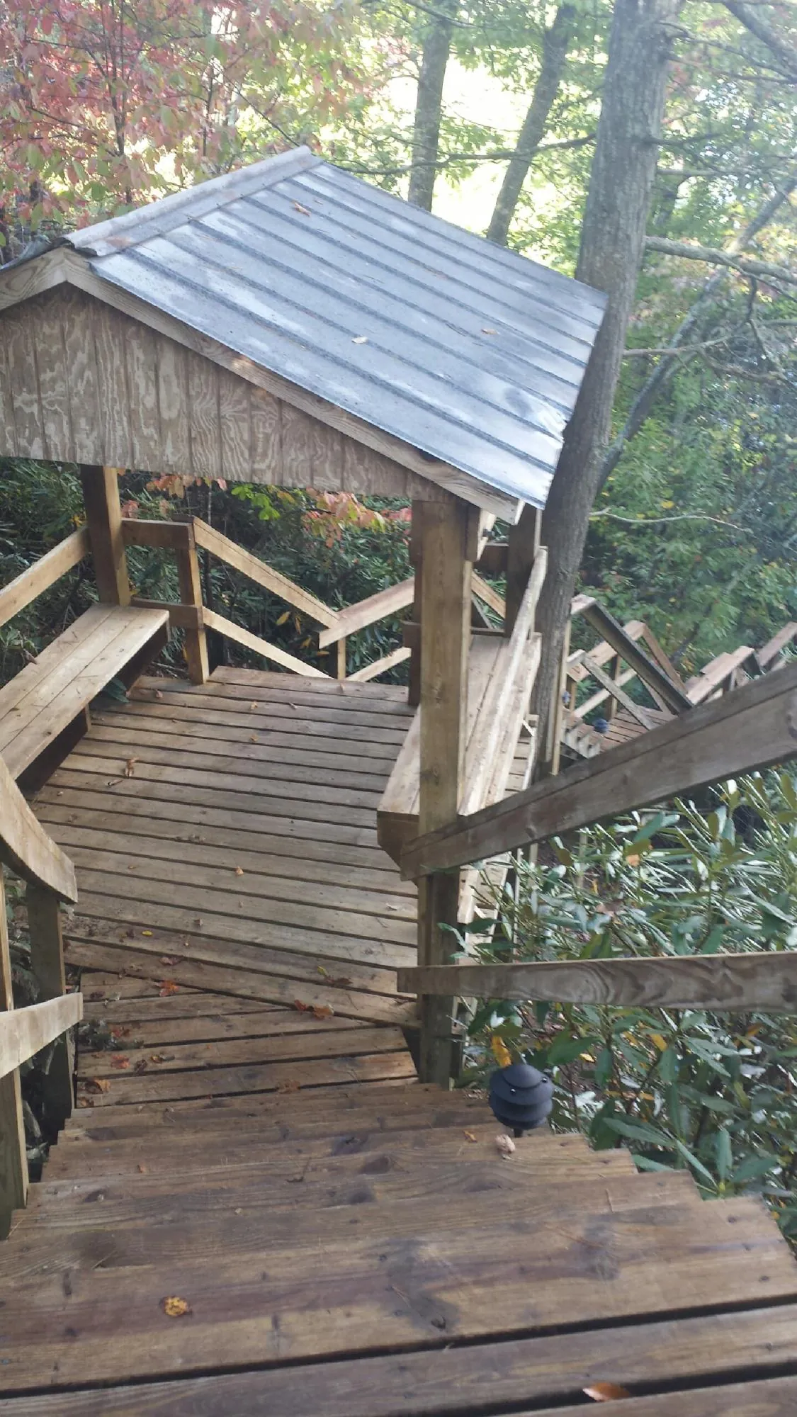 Metal roofed shelter over wooden steps on a wooded walkway — Skylight Repair & Installation work by our crew in Fort Jones